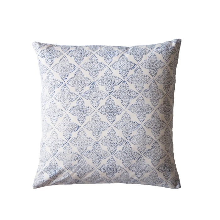 yogipod hand printed scatter cushion blue filigree flower