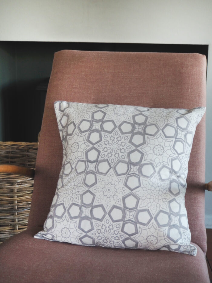 hand block printed scatter cushion grey fretwork Yogipod