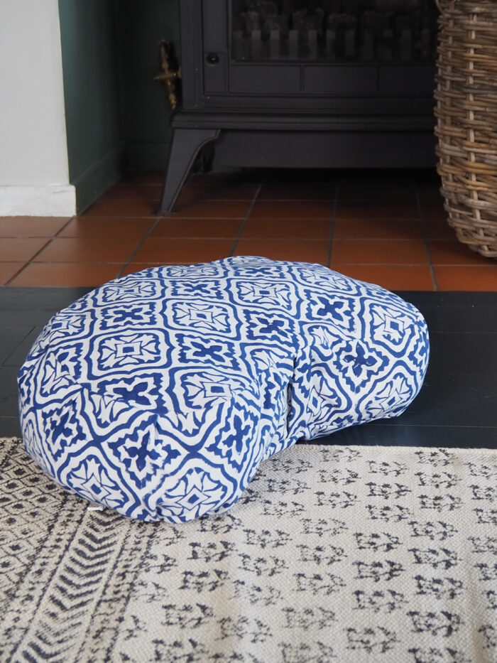 block printed blue crescent meditation cushion