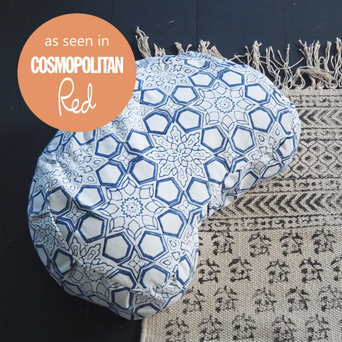 blue hand block printed buckwheat crescent meditation cushion