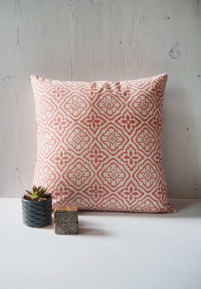 Yogipod scatter cushion block printed pink tiled lattice