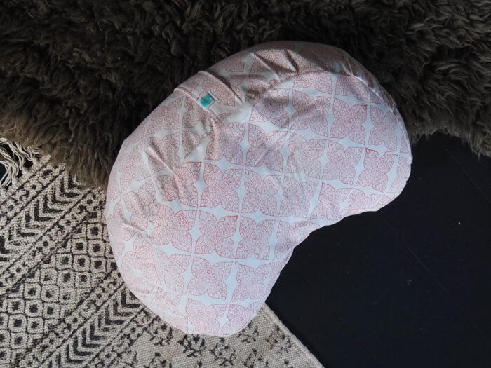 hand block printed pink crescent shaped buckwheat meditation cushion