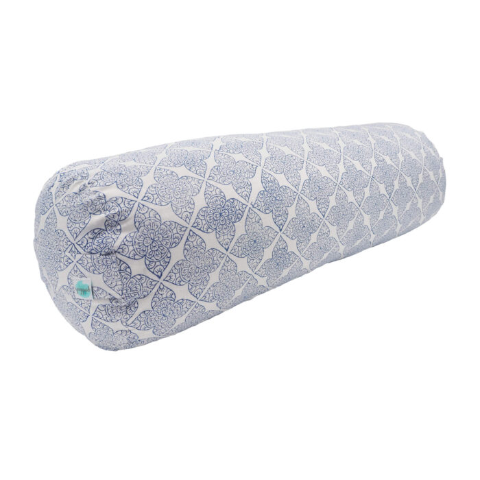 hand block printed delicate blue filigree flower yogipod yoga bolster