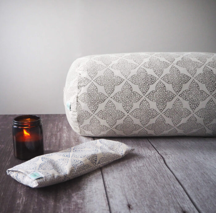 Buckwheat filled yogipod yoga bolster with hand block printed flower design