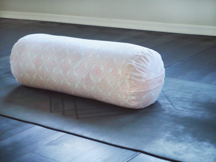 pink block printed buckwheat yoga bolster