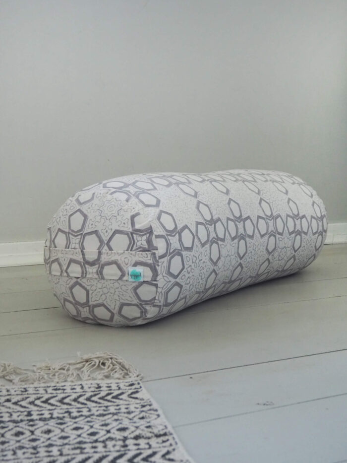 grey hand block printed buckwheat yoga bolster