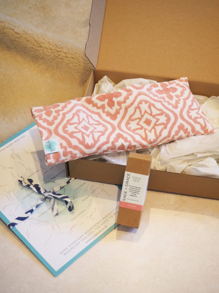 Yogipod relaxation gift bundle with tiled lattice pink eye pillow and aromatherapy roller