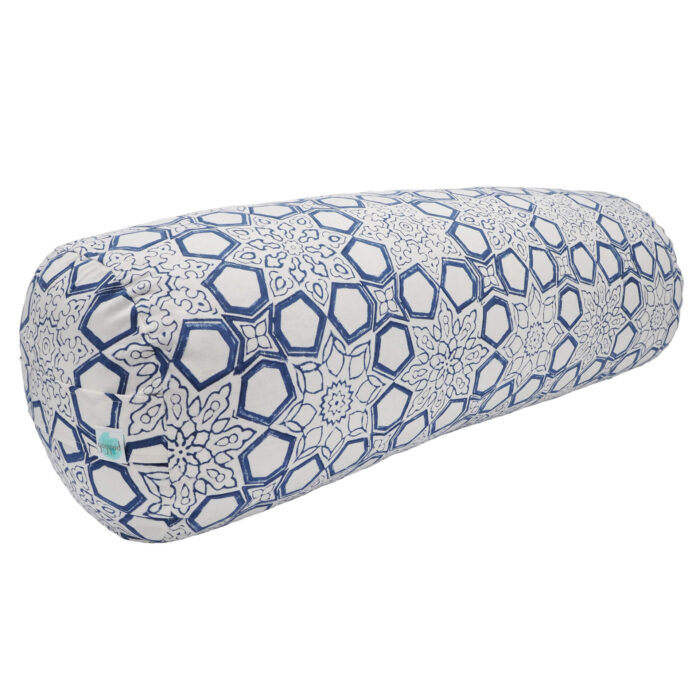 Hand block printed fretwork blue yogipod yoga bolster