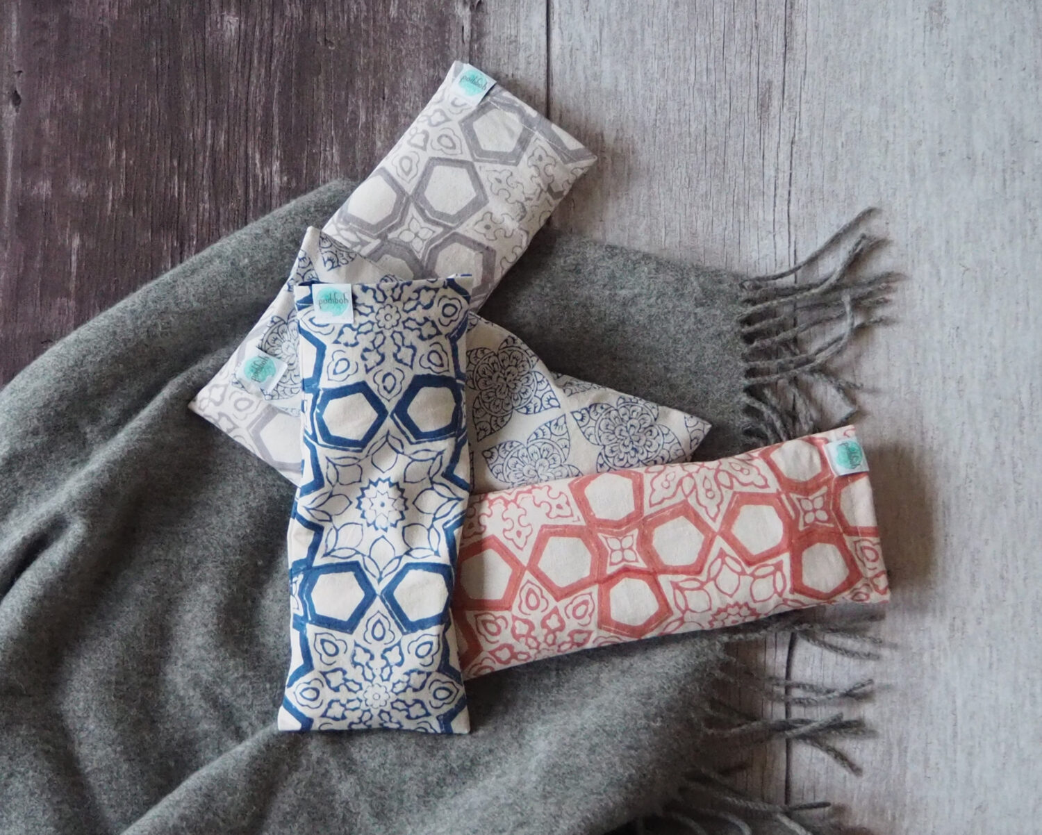 a collection of hand block printed Yogipod eye pillows - discover how eye pillows help you to relax