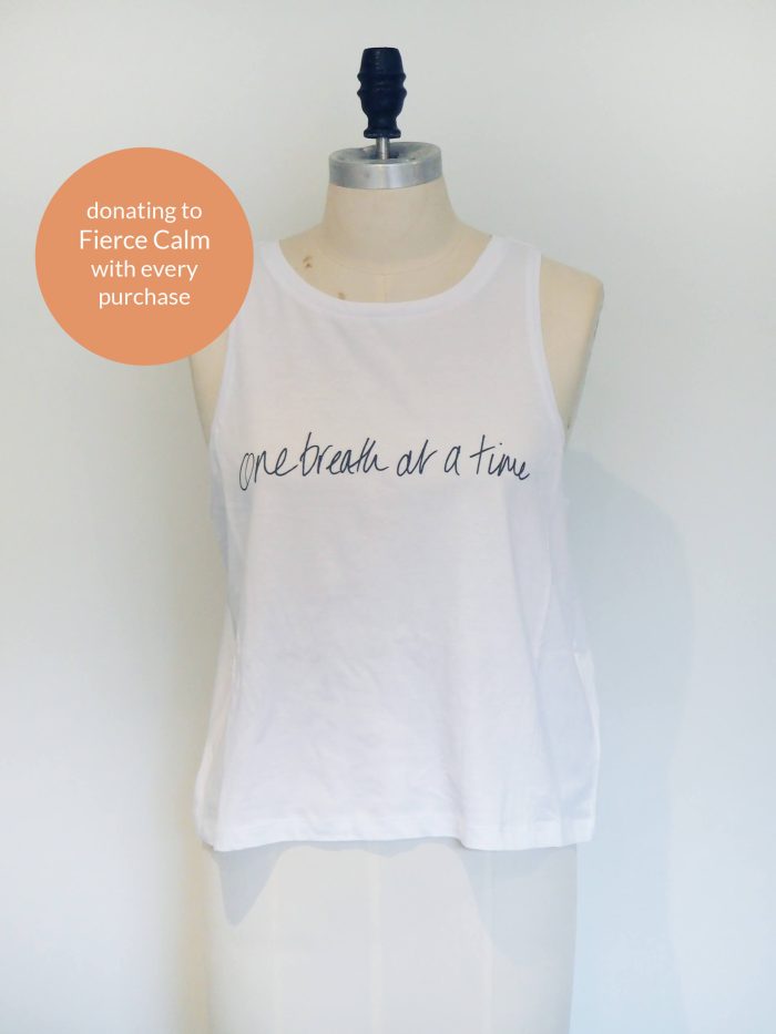 Yogipod One breath at a time hand screen printed white vest for yoga