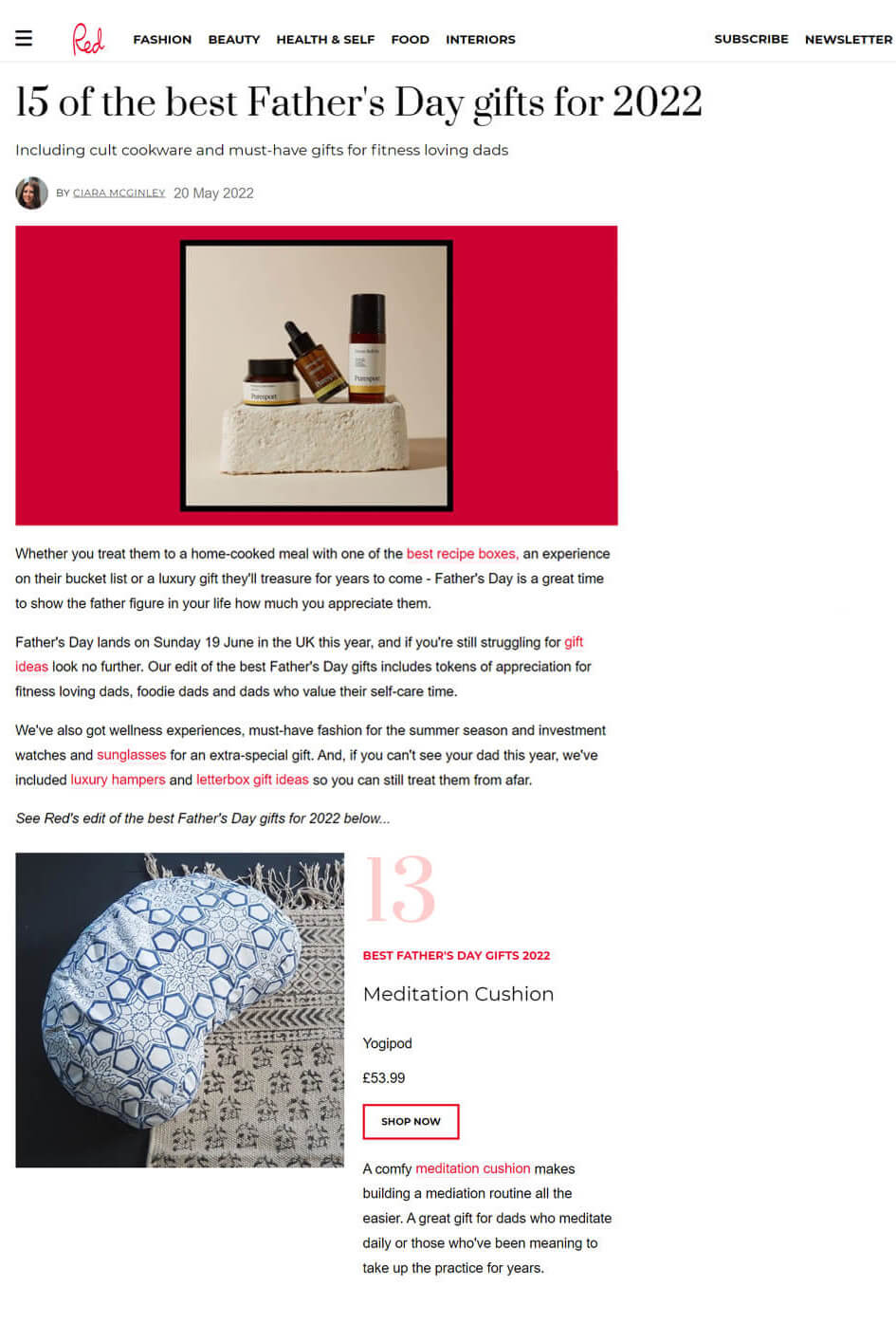 Red magazine features the Fretwork Meditation Cushion as a fathers day gift