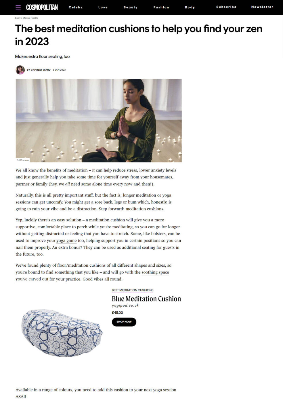 Yogipod Fretwork Blue Meditation Cushion featured by Cosmpolitan