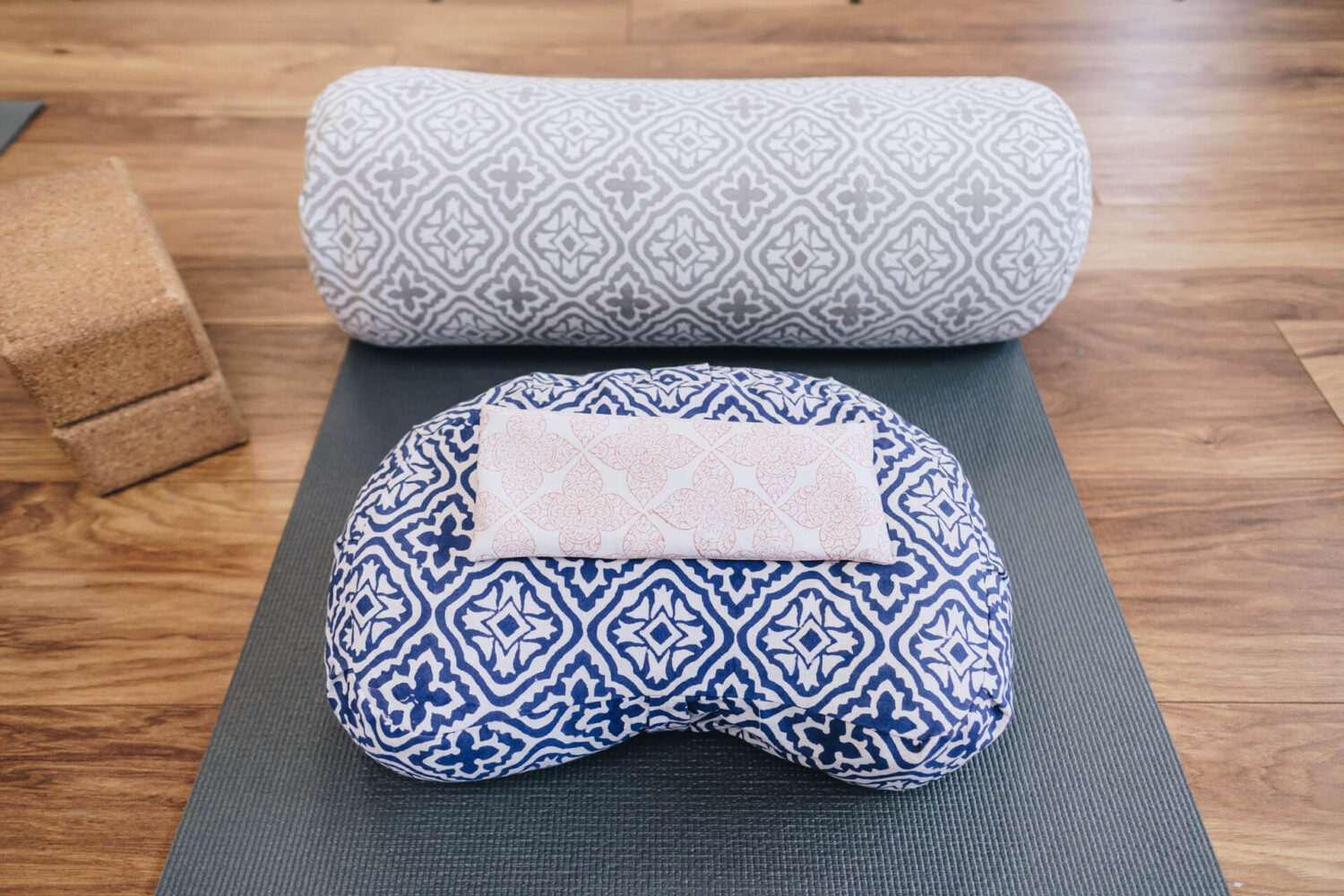 Yogipod hand printed yoga bolster, meditation cushion and eye pillow