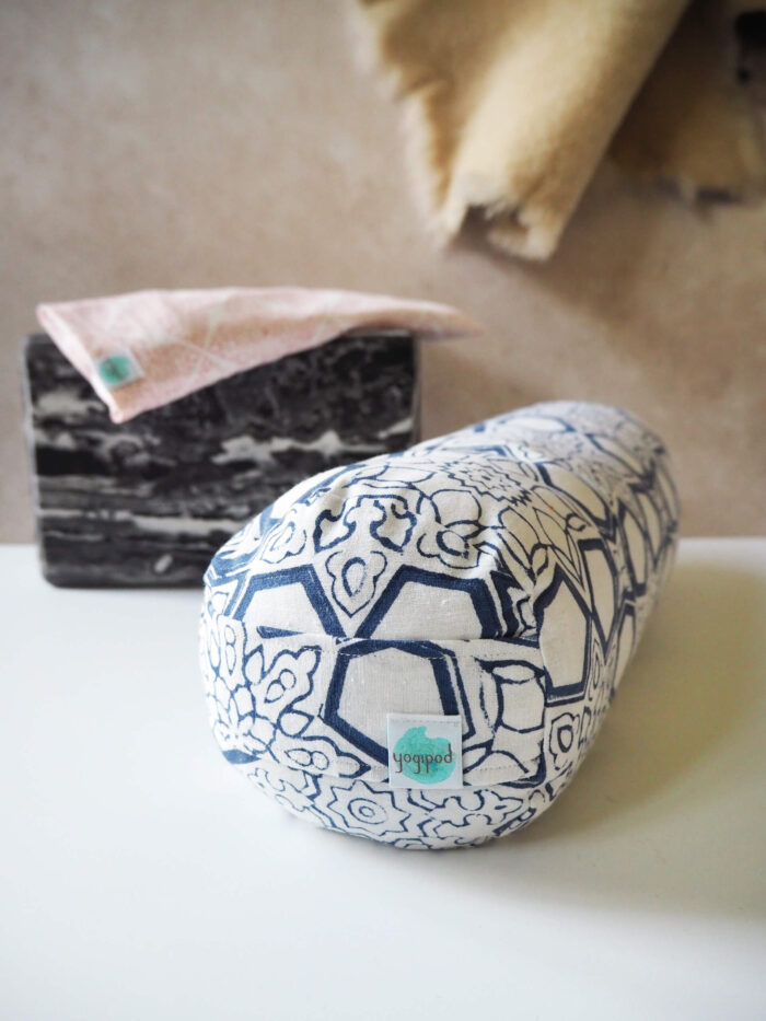 Buckwheat filled, hand block printed mini bolster from Yogipod in Fretwork Blue design