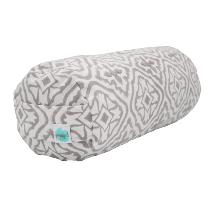 Mini buckwheat yoga bolster in grey hand printed tiled lattice design