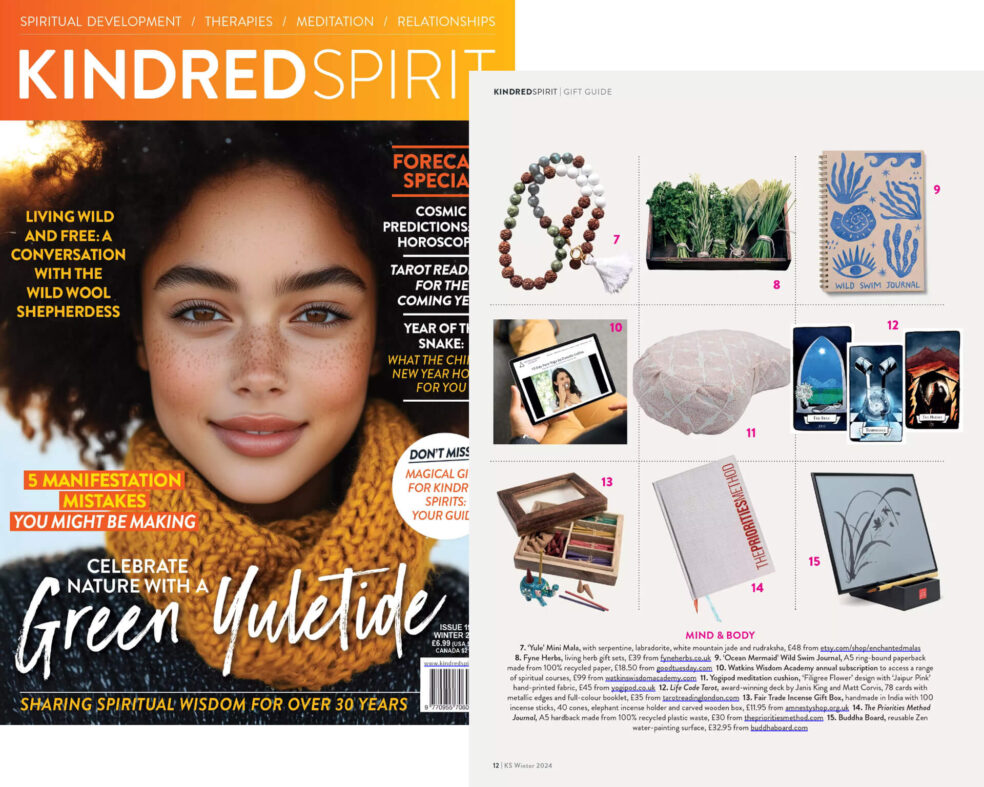 Yogipod Filigree Flower Meditation Cushion featuured in Kindred Spirit magazine in November 2024