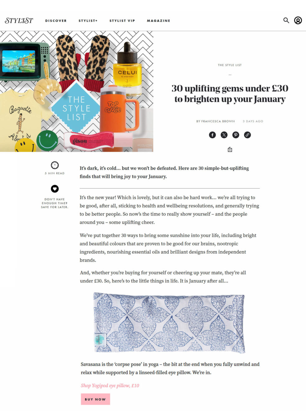 Stylist magazine names Yogipod eye pillow as a buy to brighten January