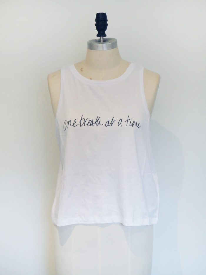 Yogipod One breath at a time hand screen printed white vest for yoga